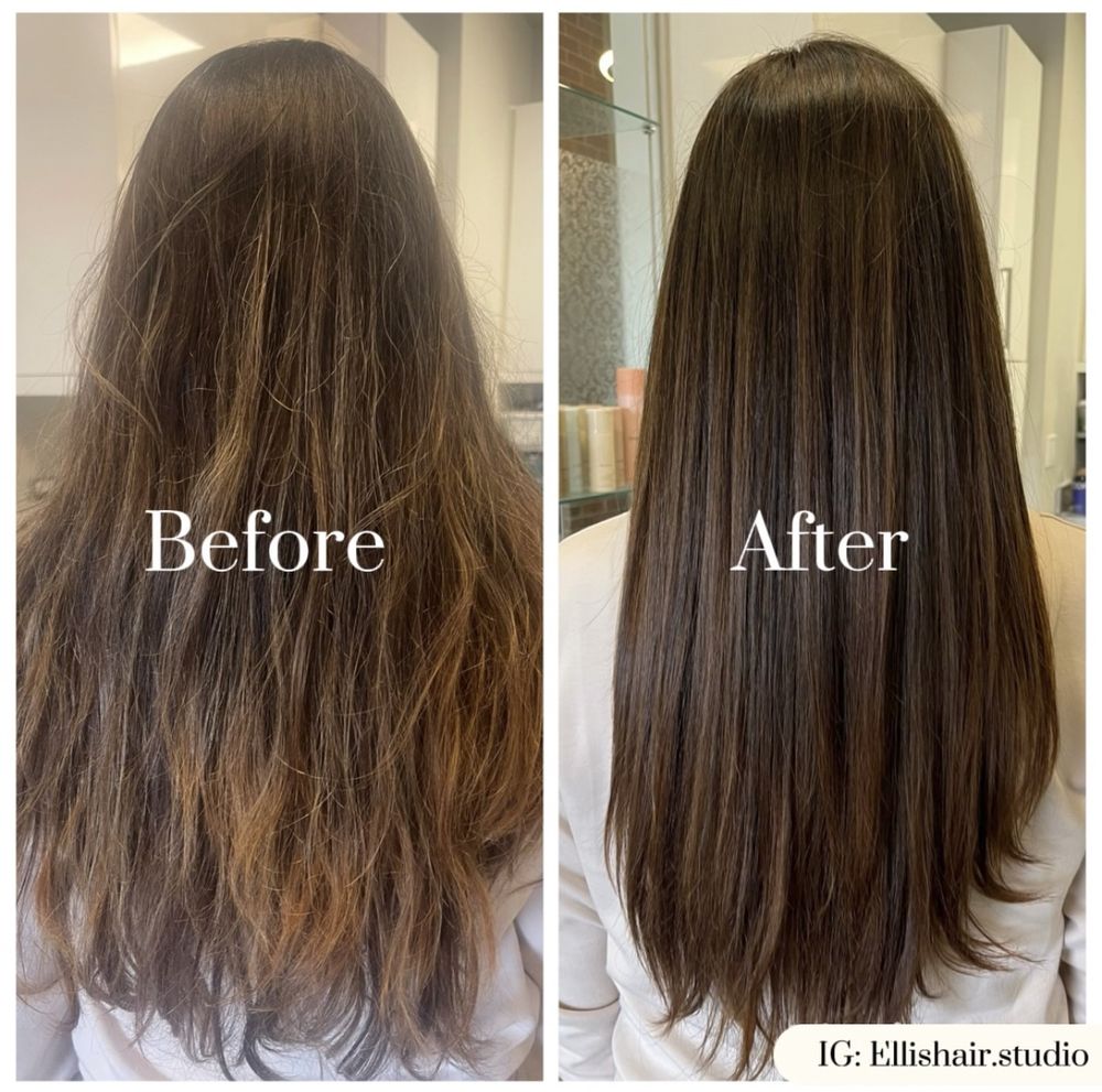 Rich brunette hair color with face-framing layers